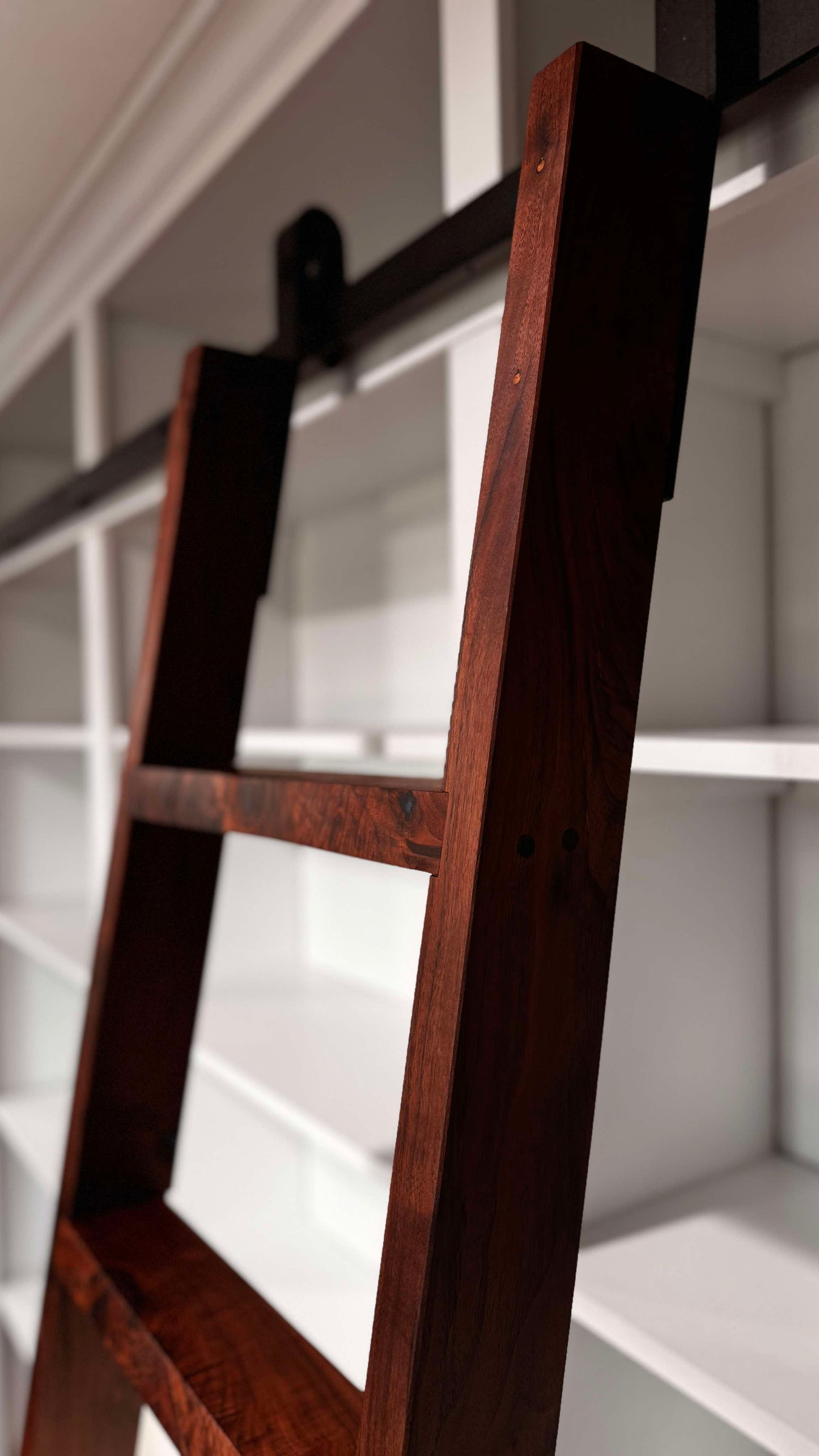 8ft Tall Luxurious Bookcase with Walnut and Epoxy Rolling Ladder and Crown Molding