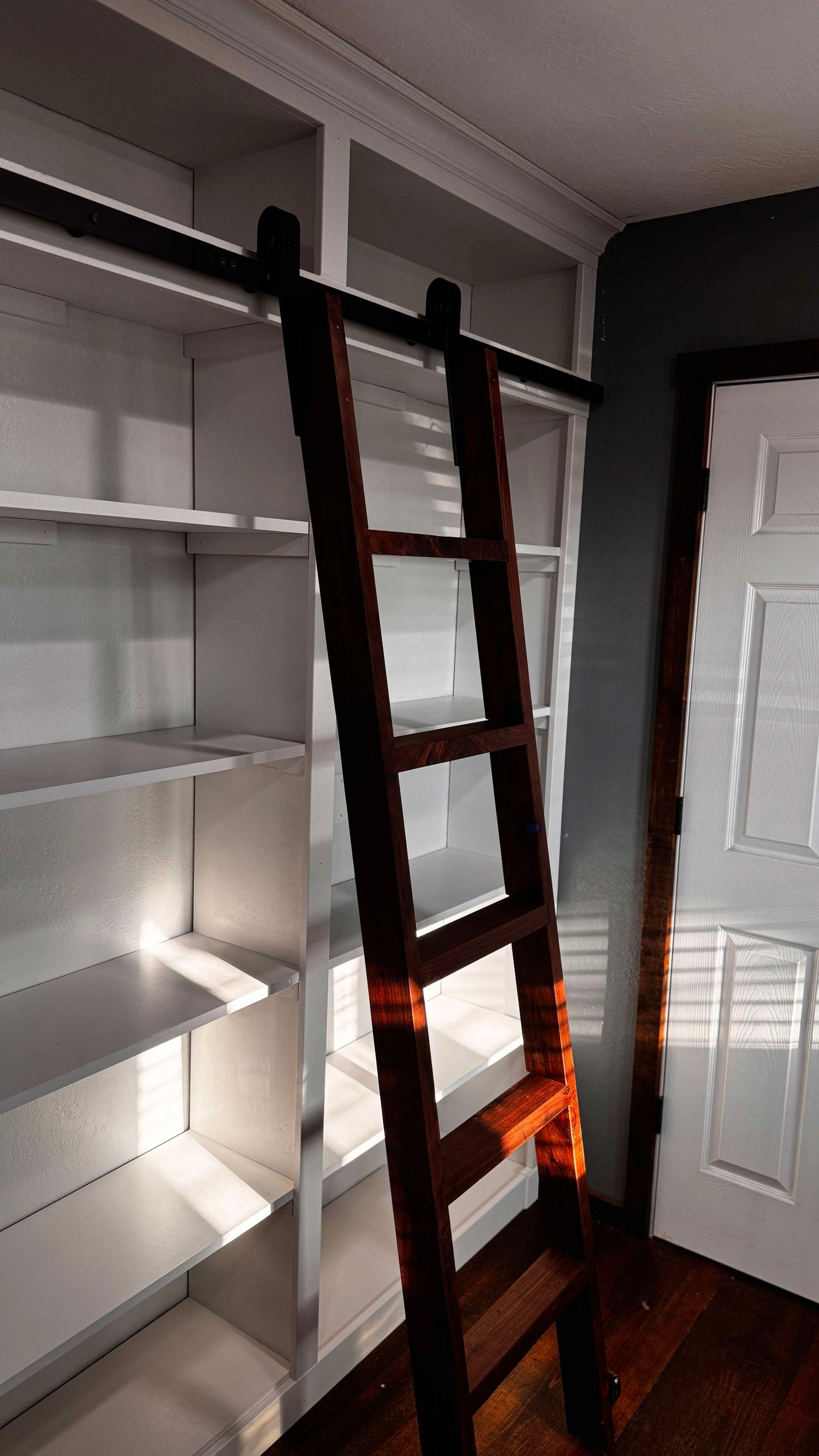 8ft Tall Luxurious Bookcase with Walnut and Epoxy Rolling Ladder and Crown Molding