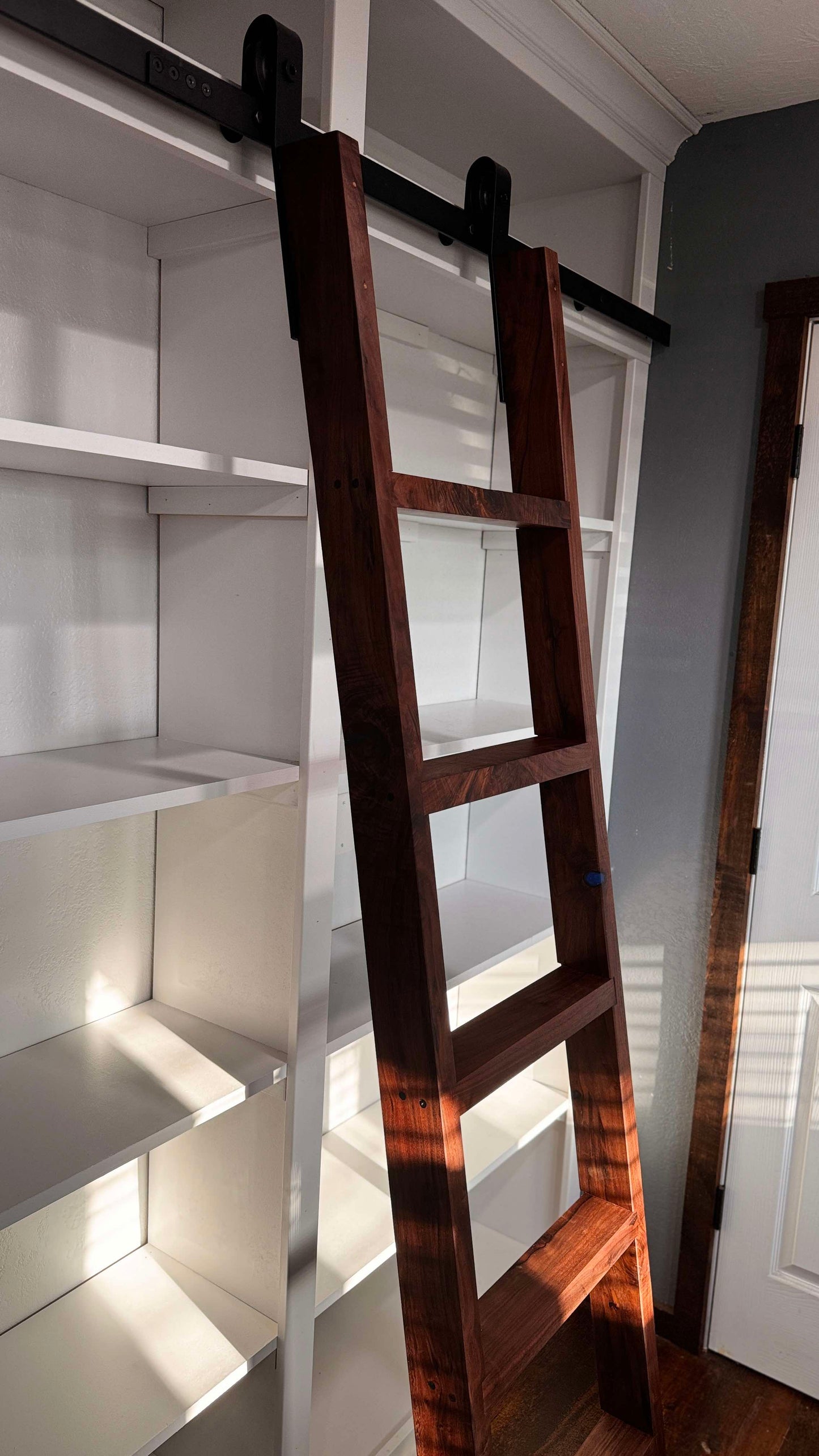 8ft Tall Luxurious Bookcase with Walnut and Epoxy Rolling Ladder and Crown Molding