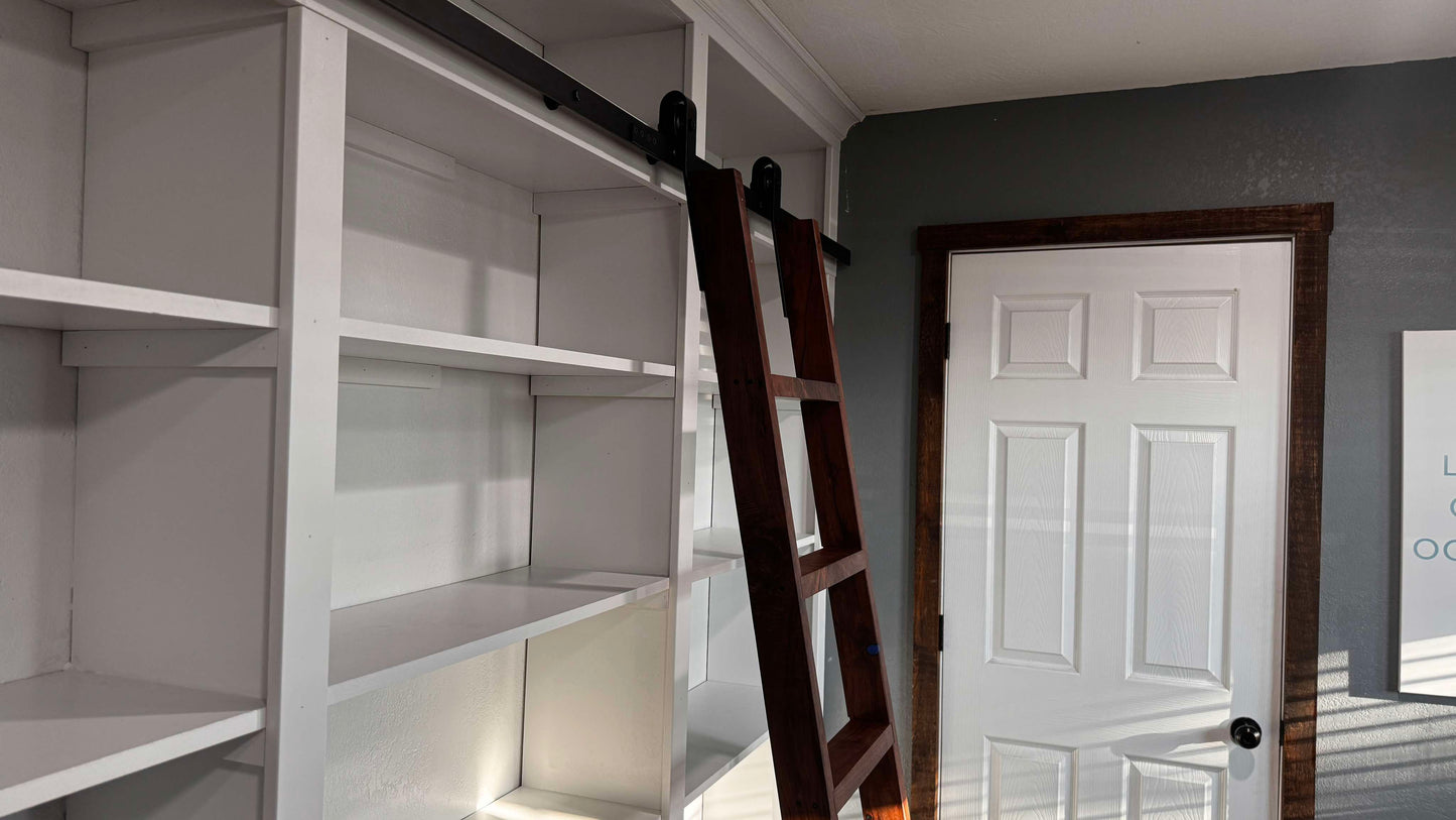 8ft Tall Luxurious Bookcase with Walnut and Epoxy Rolling Ladder and Crown Molding