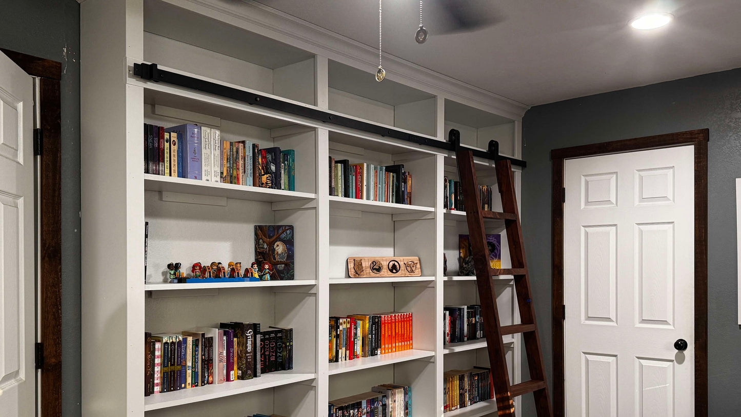 8ft Tall Luxurious Bookcase with Walnut and Epoxy Rolling Ladder and Crown Molding