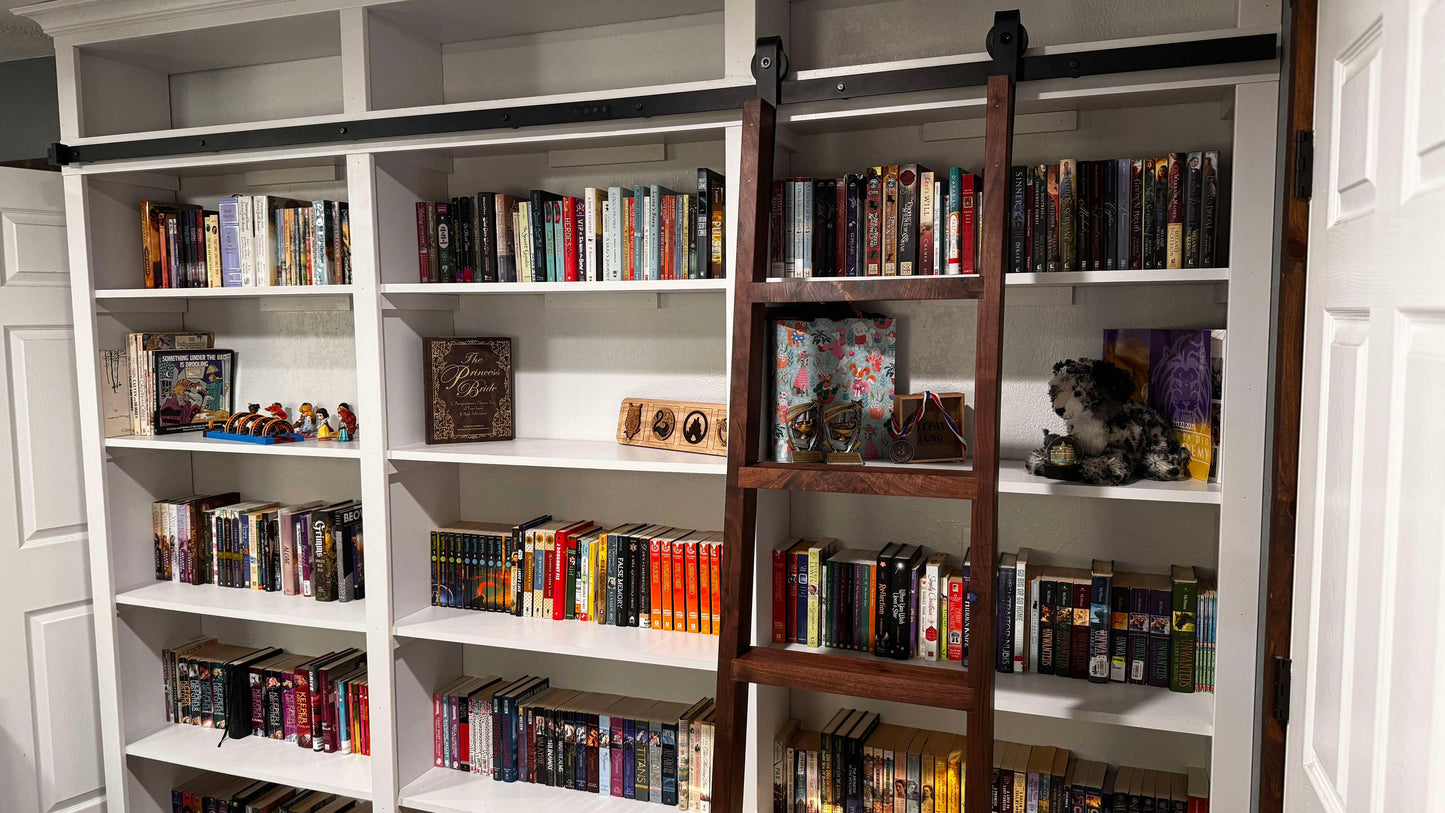 8ft Tall Luxurious Bookcase with Walnut and Epoxy Rolling Ladder and Crown Molding